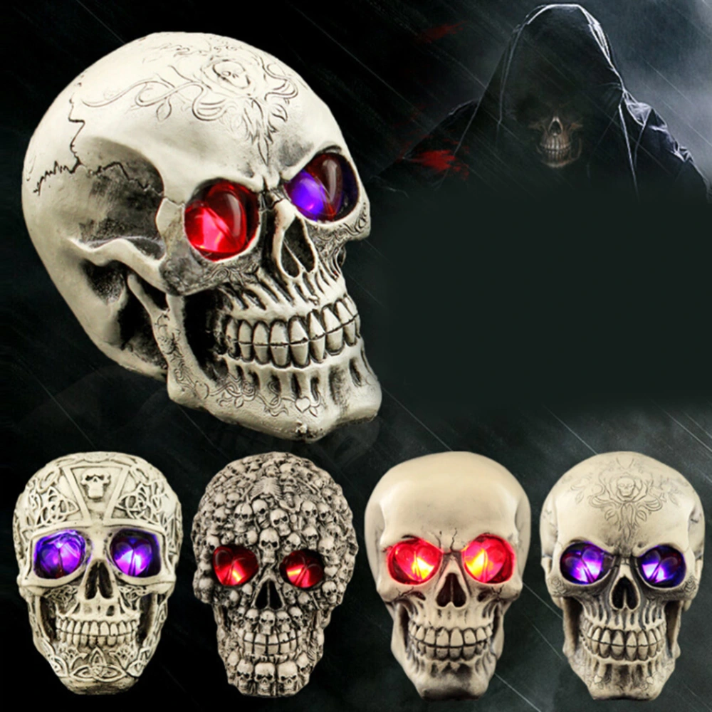 Resin Human Skull Replica Skeleton Model Funny Halloween Costumes Hounted House Scary Creepy Prop Masquerade Decoration Ornaments with LED Lights (Skull Pattern)