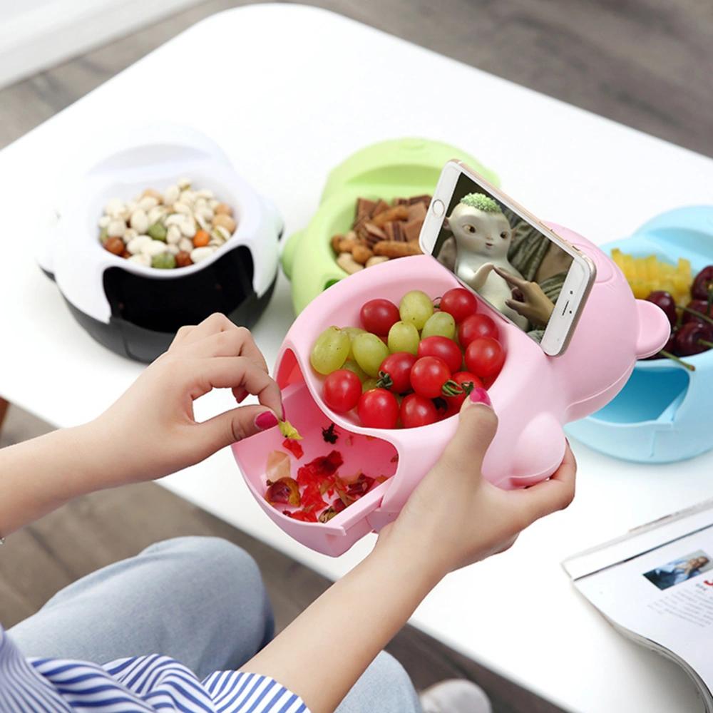 1Pc Lazy Snack Plastic Bowl with Cellphone Holder Candy Dish Nut Bowl Little Bear Shape Double Layer Snack Storage Box Fruit Bowl Mobile Phone Bracket (Sky-blue)