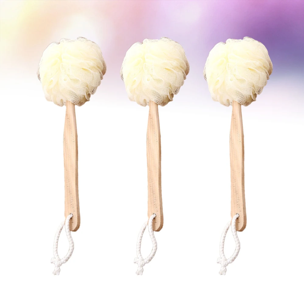 3pcs Long Handle Bath Balls Shower Bath Brushes Bath Puff Scrubber for Home Bathroom (Light Yellow)