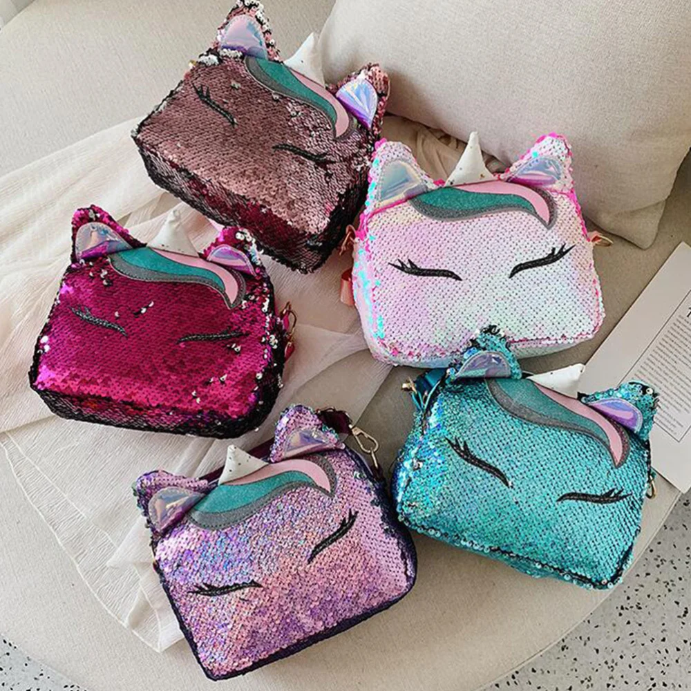 1PC Mini Unicorn Shaped Sequins Ear Handbags Girls Casual Chain Messenger Crossbody Purse Shoulder Bag (Blue)