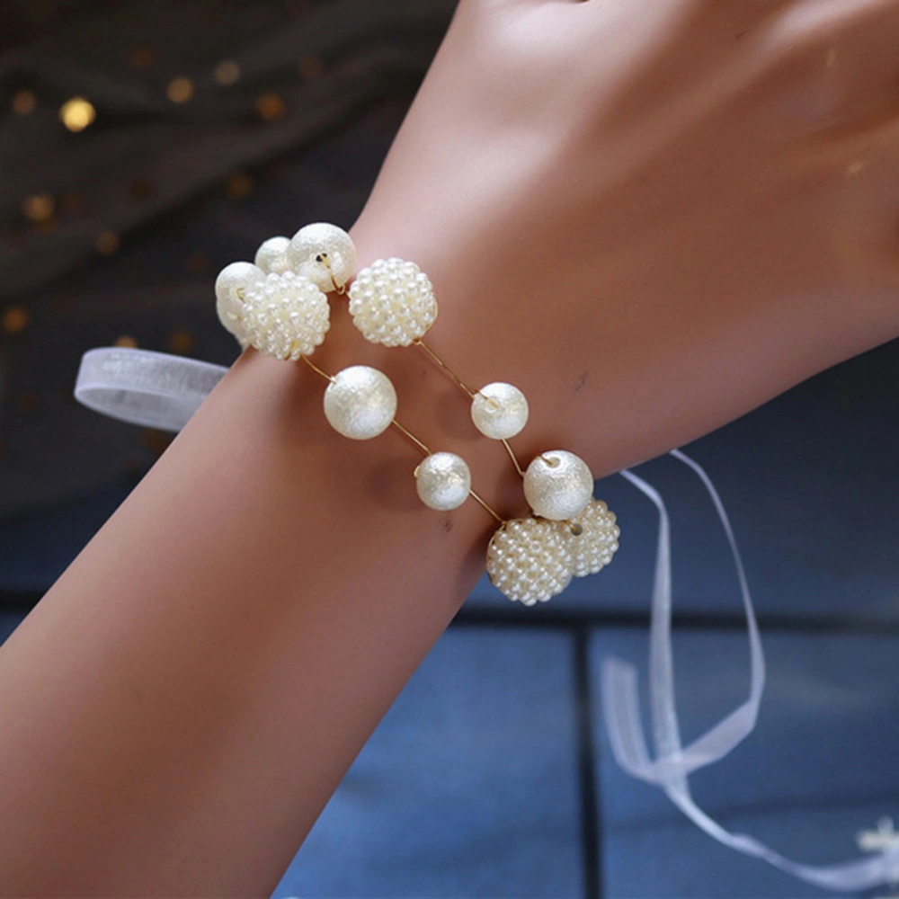 2PCS Simple Bridal Hand Flower Band Decorative Pearl Wrist Flower Wristband for Wedding Party Bridesmaid