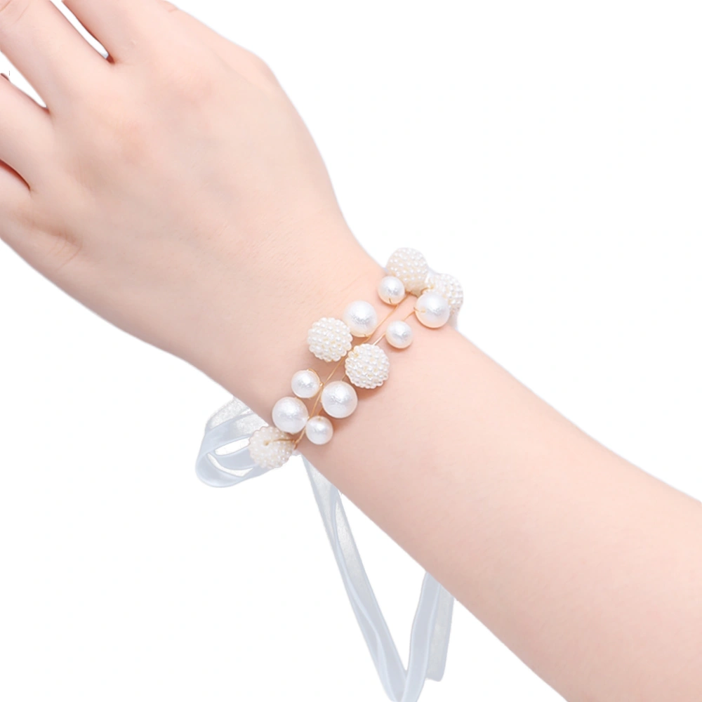 6PCS Wedding Pearl Wrist Flower Bridal Yarn Ribbon Beaded Bracelet Band Decorative Bridesmaid Wristband for Party Women