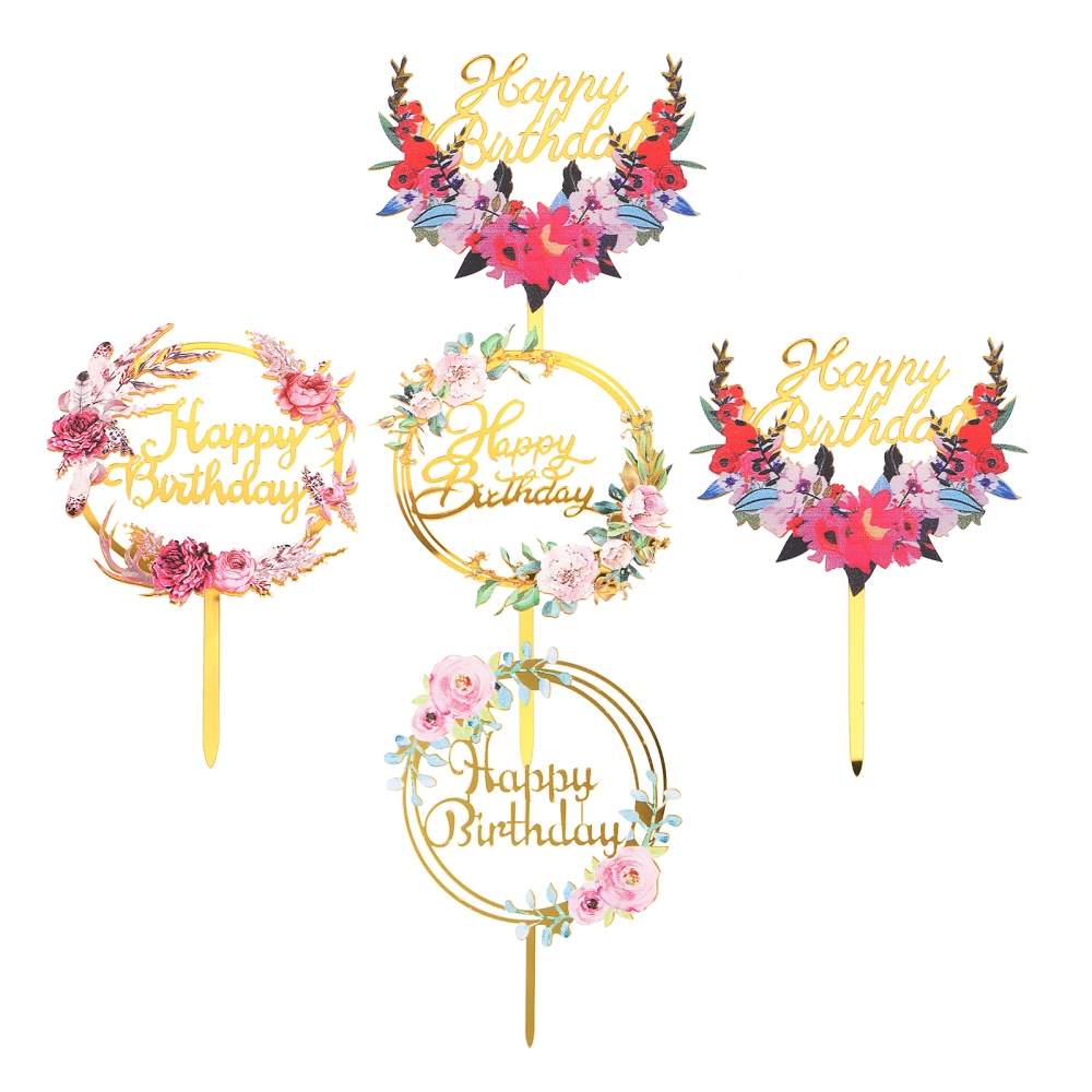 5pcs Letter Cupcake Toppers Flower Birthday Cake Insert Cards (Mixed Styles)