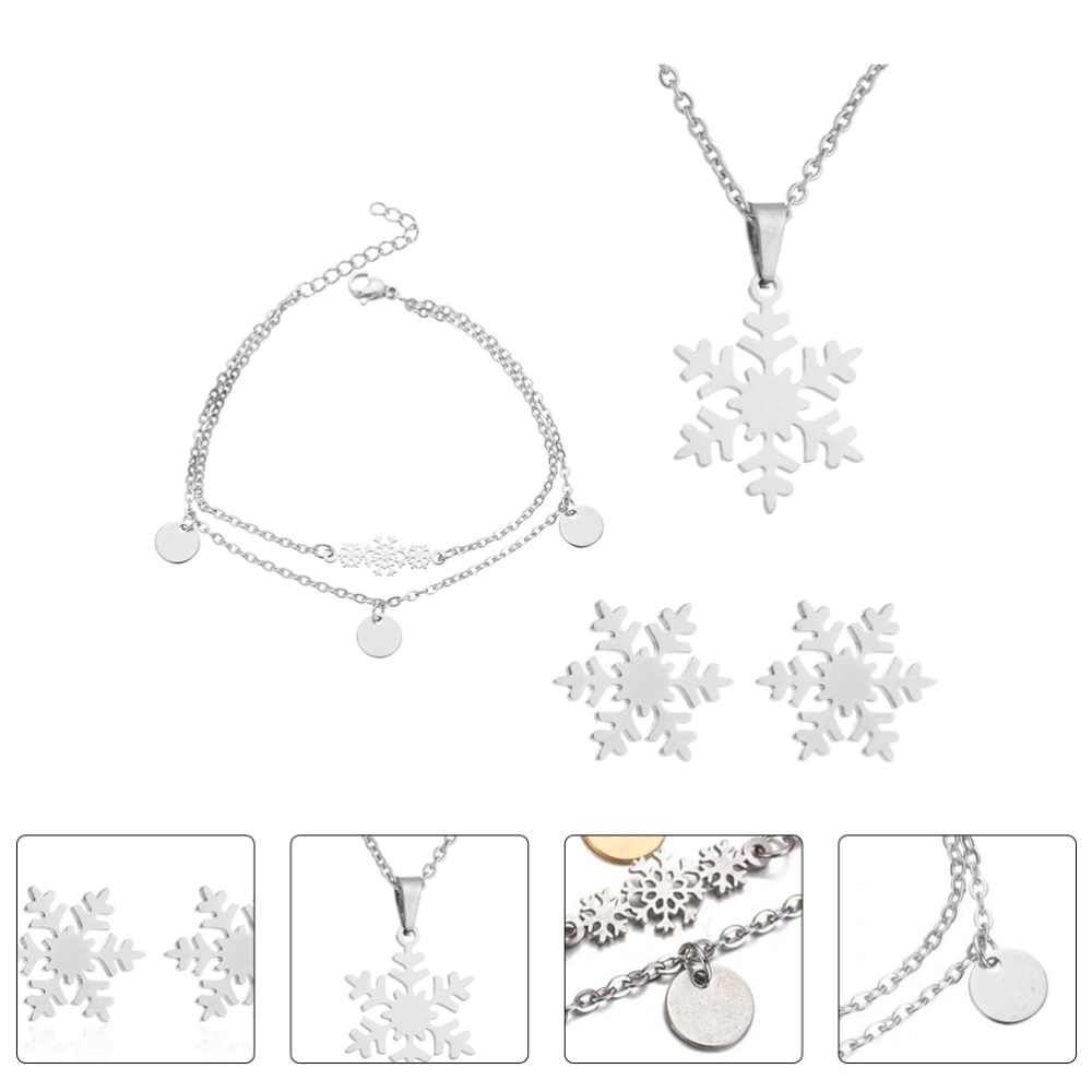 1 Set Ice Flower Snowflake Ear Stud Choker Stainless Steel Double-layer Bracelet