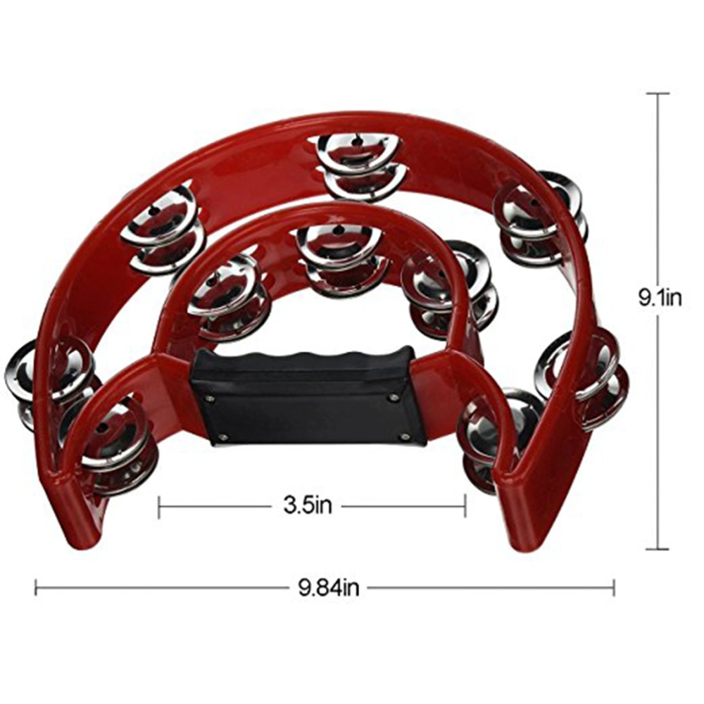 Double Row Tambourine Half Moon Metal Musical Jingles Tambourine Hand Held (Red)