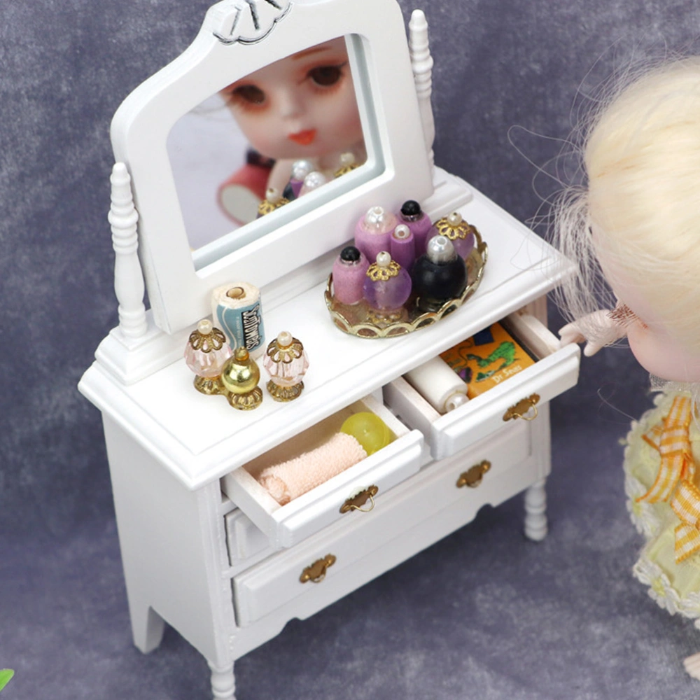 1pc Doll House Mini Wooden Dressing Table with Mirror Dollhouse Decor (White)