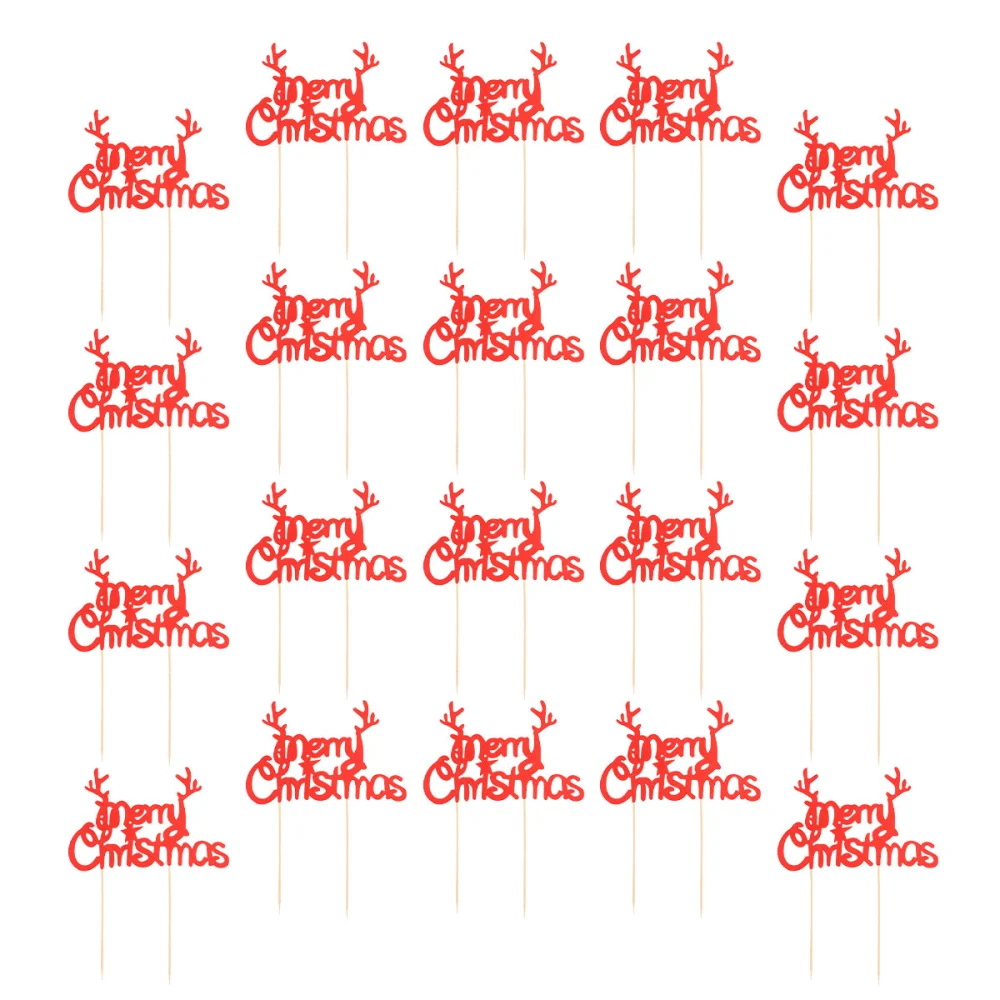 20Pcs Creative Merry Christmas Cake Toppers Christmas Tree Antler Cake Toppers Cake Dessert Insertion Decoration Party Supplies Red (Antler Pattern)