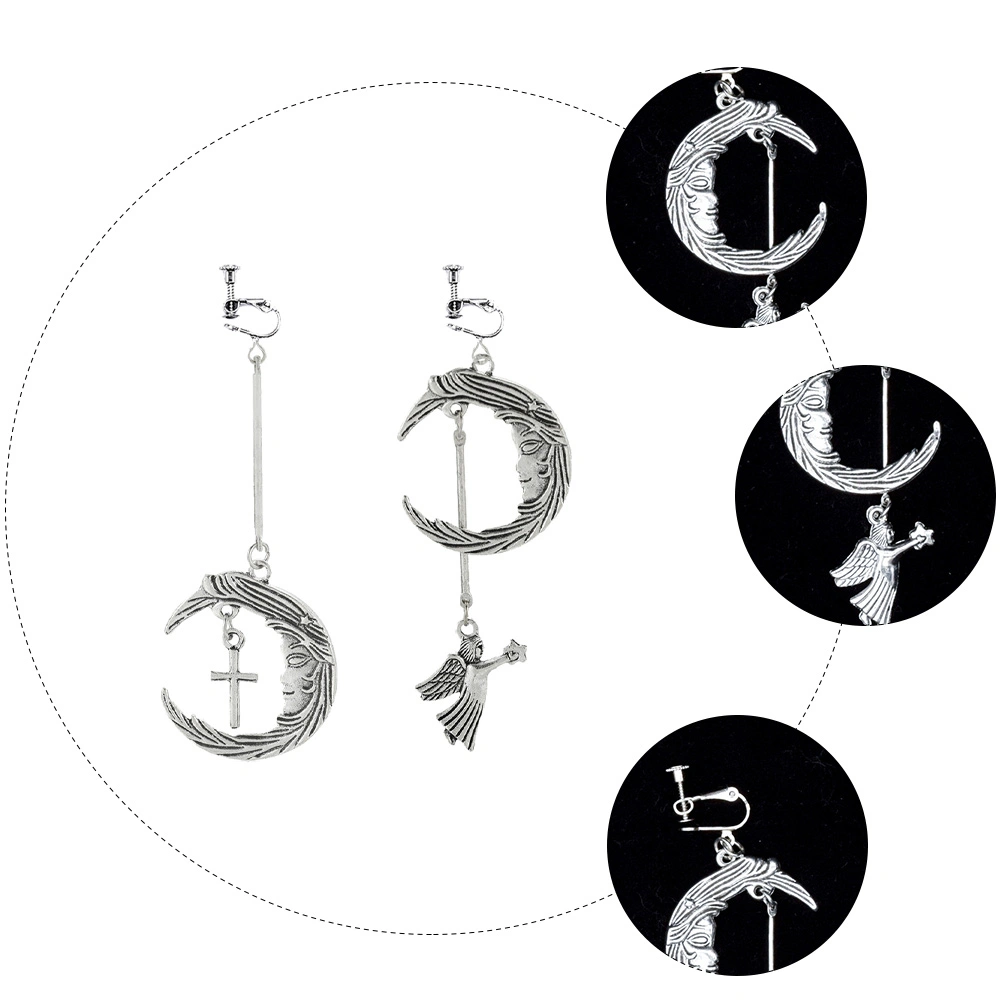 1 Pair of Moon Angel Cross Pendant Earclip Ear Hook Punk Ear Dangler (Silver)