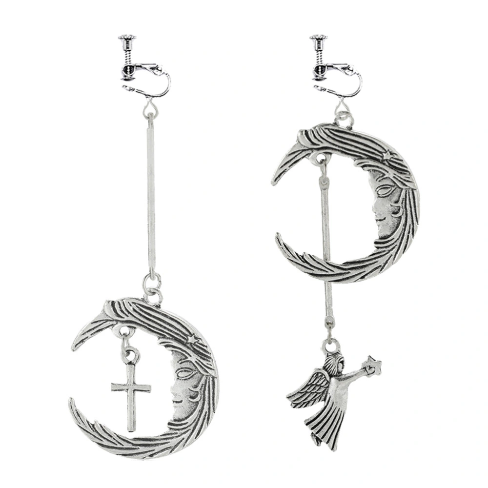 1 Pair of Moon Angel Cross Pendant Earclip Ear Hook Punk Ear Dangler (Silver)