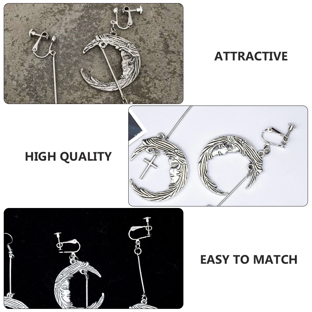 1 Pair of Moon Angel Cross Pendant Earclip Ear Hook Punk Ear Dangler (Silver)