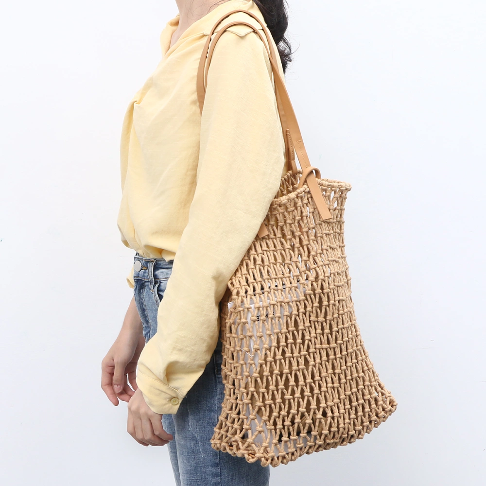 Handmade Cotton Thread Woven Bag Hollow-out Woven Shoulder Bag with Inner Cloth for Outdoor Travel Light Coffee