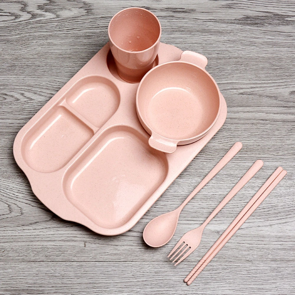 6PCS/Set Eco-friendly Wheat Straw Tableware Set Unbreakable Children Dinnerware Set Comes with Plate Bowl Cup Spoon Fork and Chopsticks (Red)