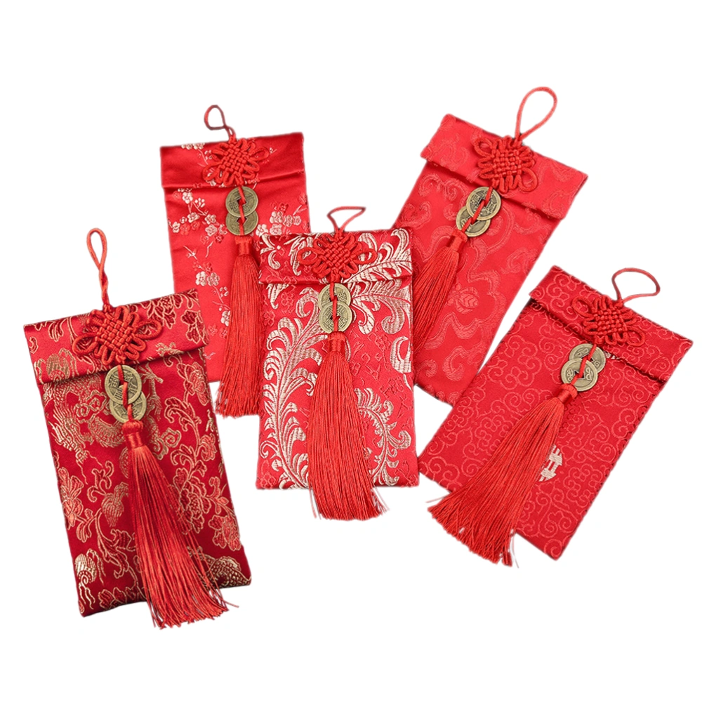 5pcs Chinese Style Money Bag Celebrative Red Envelopes Satin Money Envelopes Red Packets for New Year Wedding (Copper Cash Style)