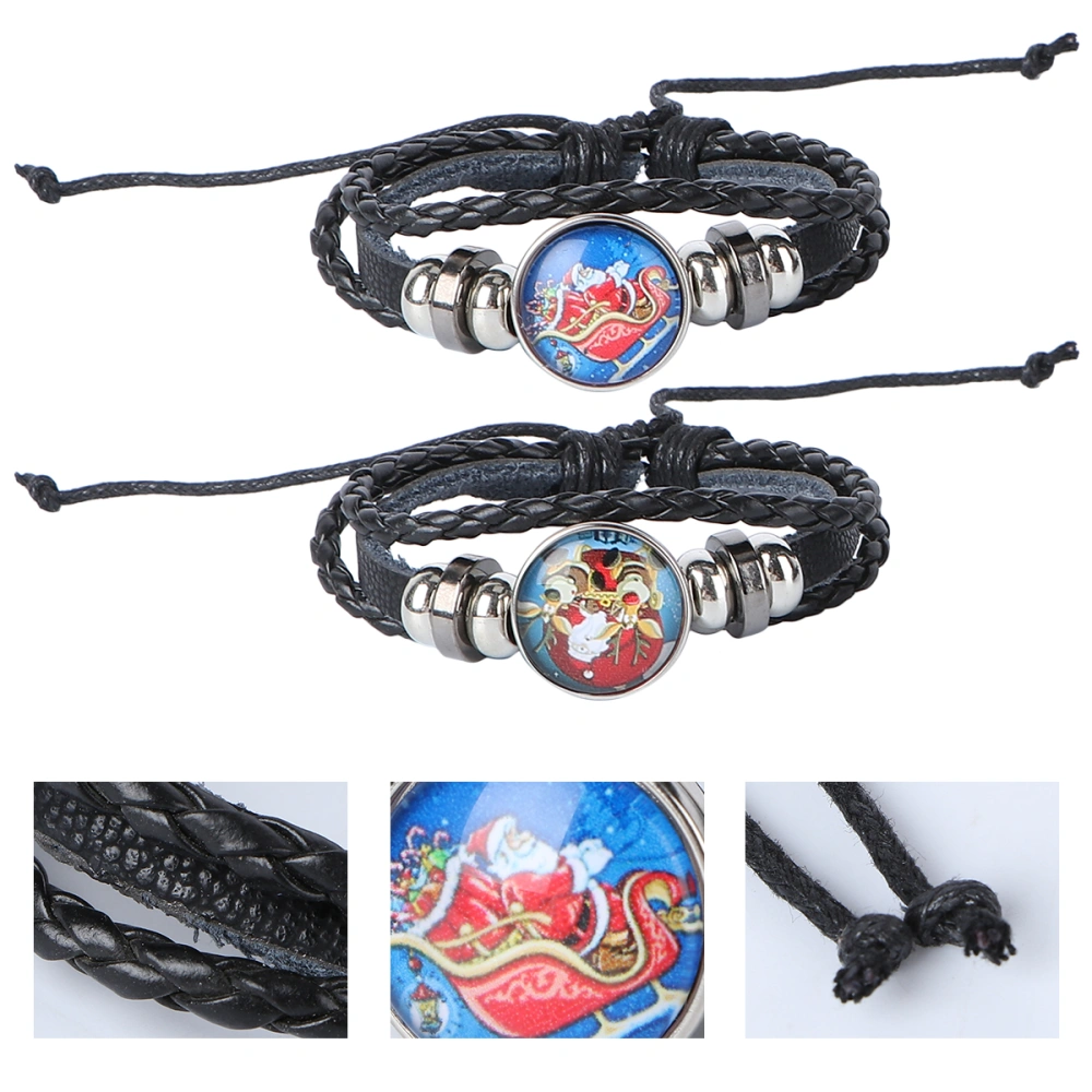 2pcs Xmas Themed Bracelets Leather Woven Beaded Bracelets Multilayer Hand Ropes