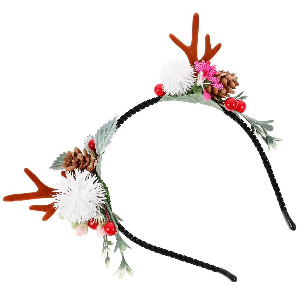 Christmas Deer Ear Antler Headband Christmas Fake Pine Cones Berries Hairband