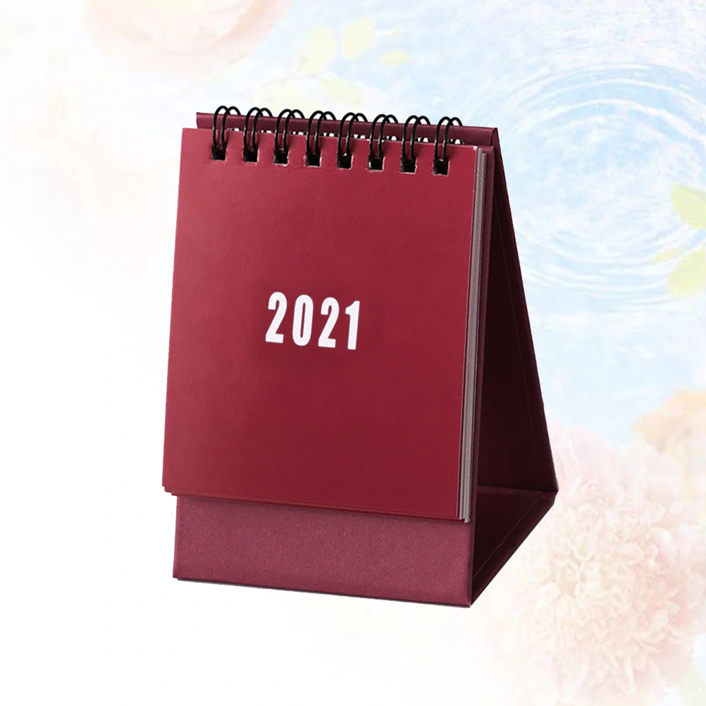 2Pcs 2021 Mini Durable Desktop Calendar Art Crafts Desktop Simple Style Year Calendar Home Office School Desk Decoration Gifts (Claret)