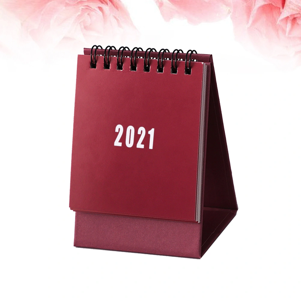 2Pcs 2021 Mini Durable Desktop Calendar Art Crafts Desktop Simple Style Year Calendar Home Office School Desk Decoration Gifts (Claret)