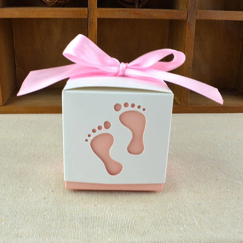 50pcs DIY Candy Boxes Baby Footprint Paper Candy Gift Boxes Full Moon Wedding Party Favor Decor (Light Pink)