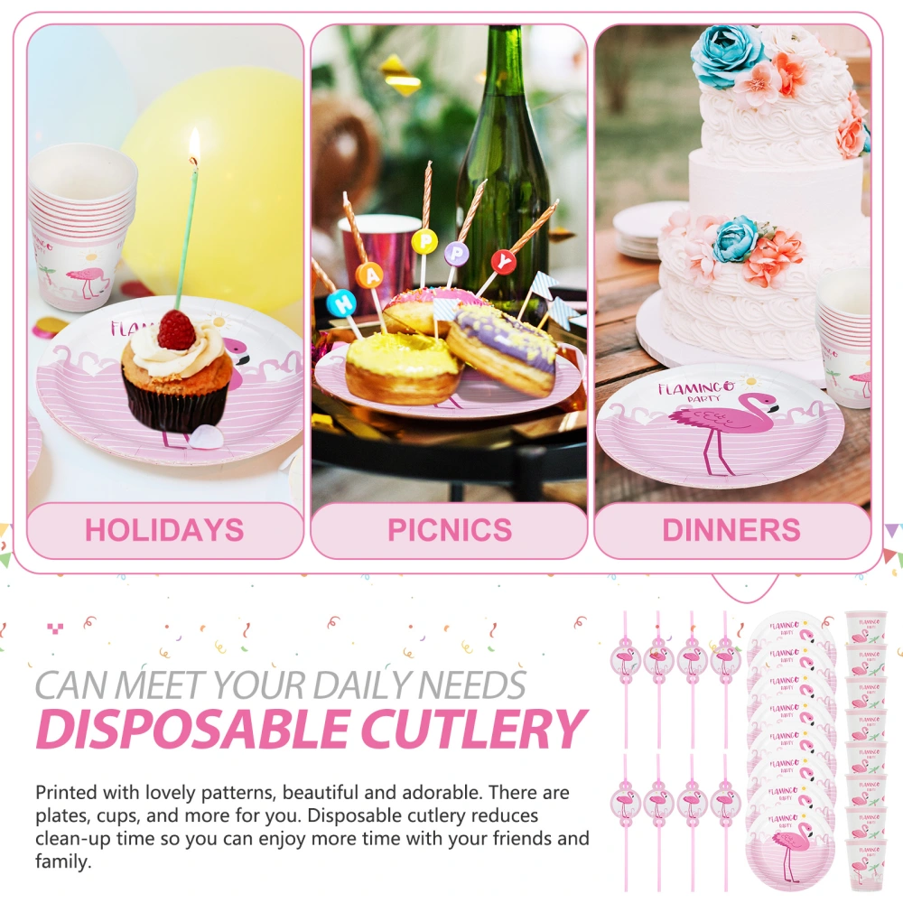 1 Set Summer Party Tableware One-off Straw Paper Cups Paper Plates Kit