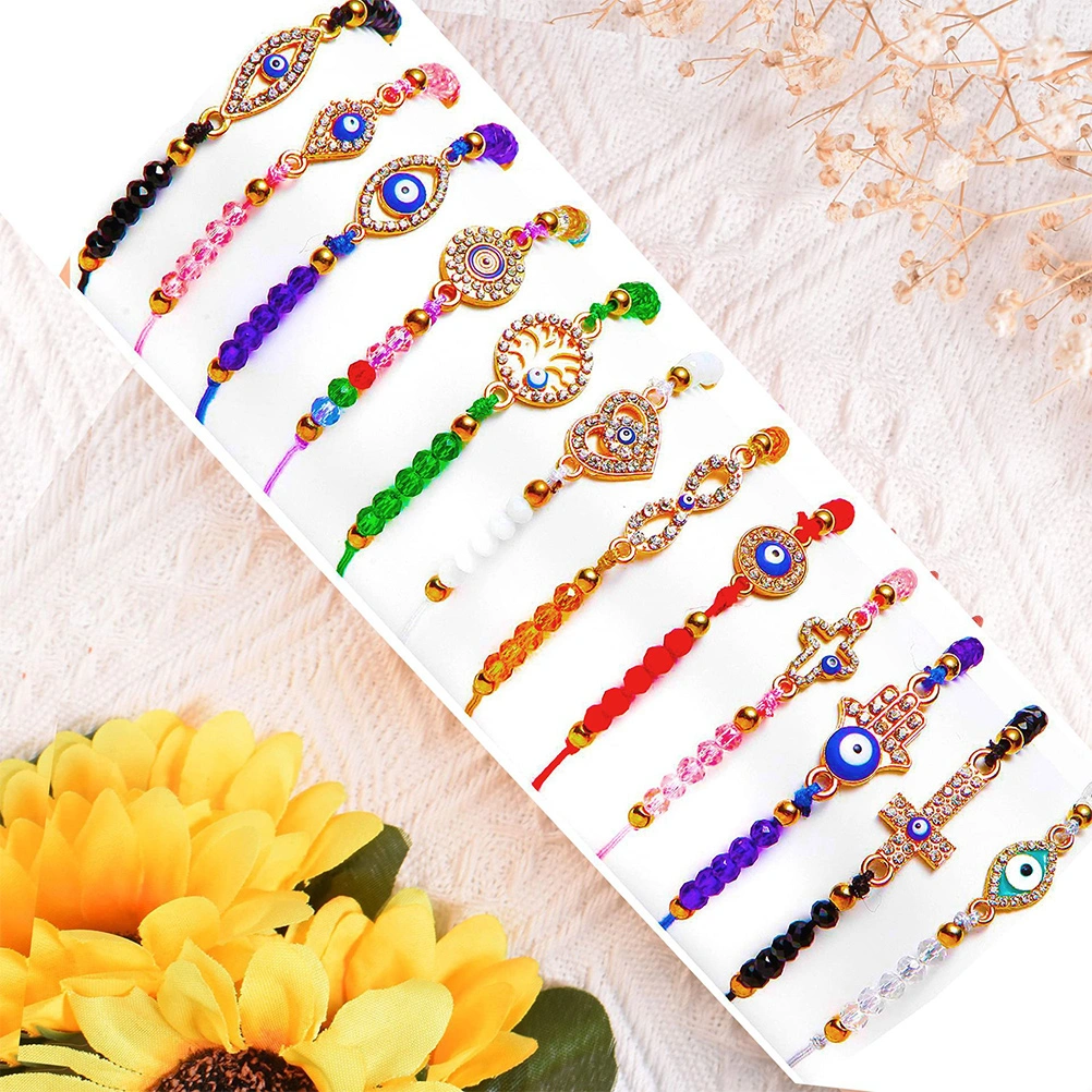 12pcs Evil Eye Beaded Bracelet Adjustable Blue Evil Eye Rope Bracelets Protection Bracelet