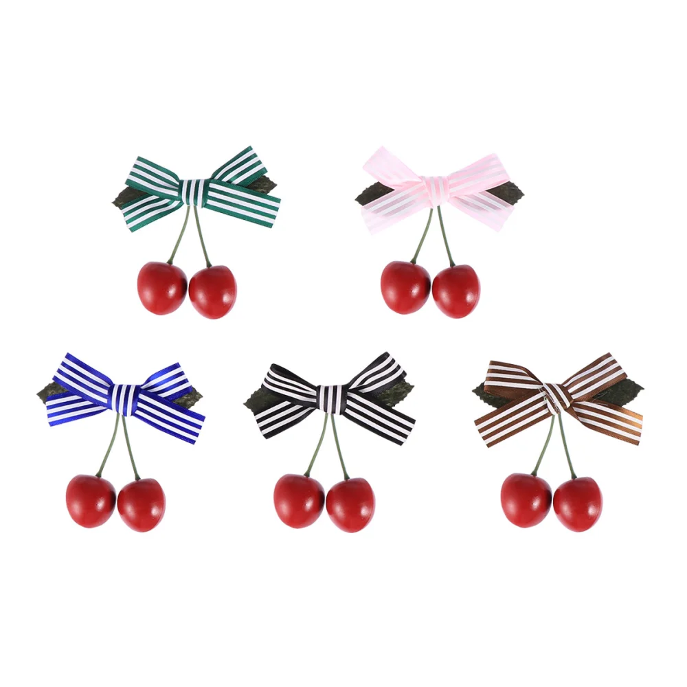 5pcs Girls Hair Bows Cherry Shape Ribbon Boutique Bows Clip Bow Tie Lovely Colorful Barrettes Hairpins Hair Accessories for Kids Teens Party (Blue Stripes + Pink Stripes + Green Stripes + Black Stripes + Brown Stripes)