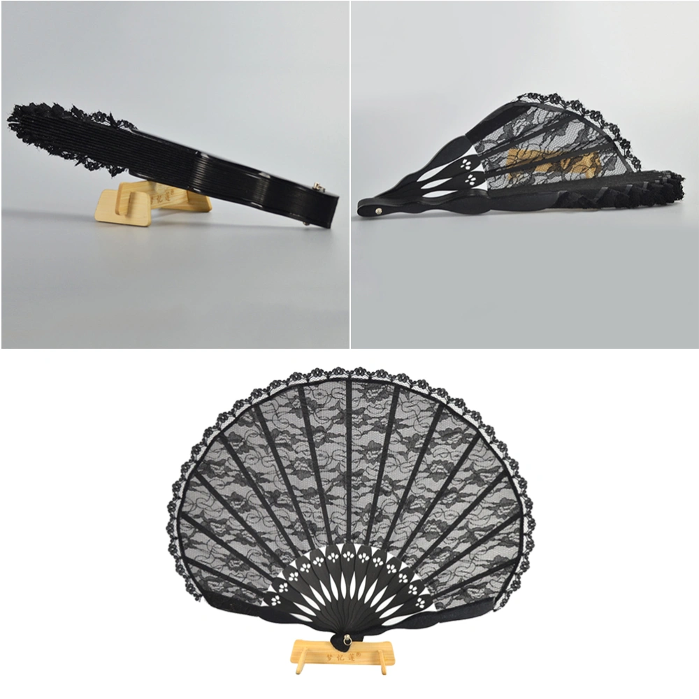 Chinese Style Lace Folding Fan Ancient Silk Fan Black Cheongsam Vintage Hand Fan for Summer Decor