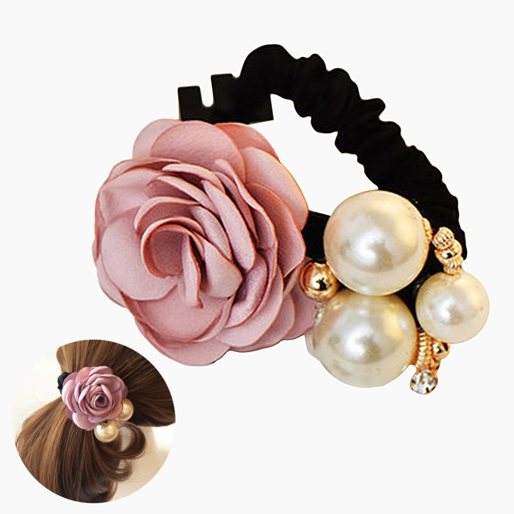 Women Satin Ribbon Rose Flower Pearls Ponytail Hair Band (Pink)