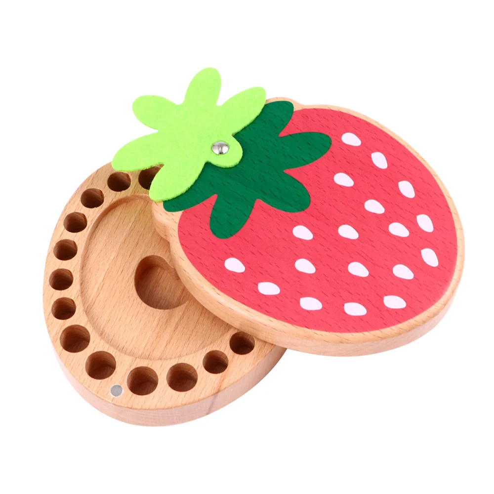 1Pc Deciduous Tooth Storage Box Wooden Strawberry Shape Baby Teeth Keepsake Box