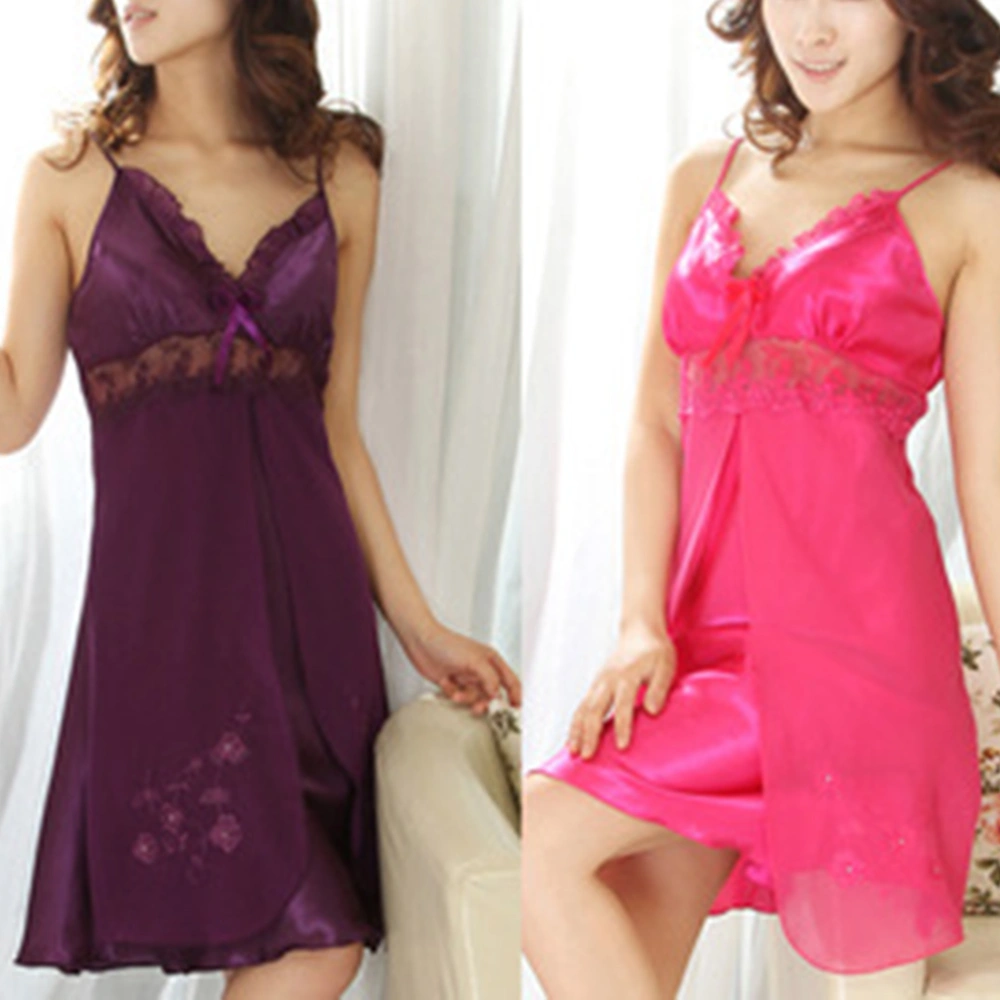 Women Sexy Silk Lace Nightgowns Chiffon Summer Sleepwear-Size XL(Purple)