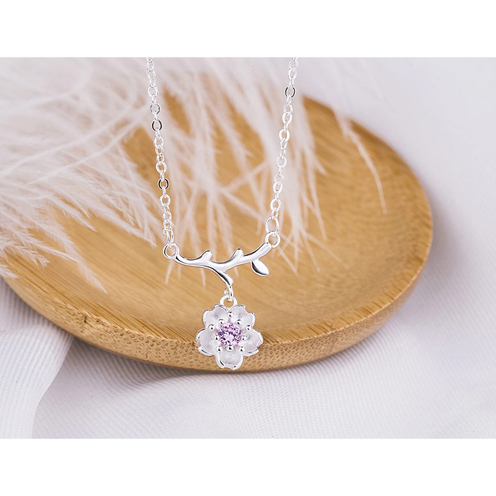 1pc Sweet Lovely Branch Sakura Pendant Necklace Simple Shining Cherry Flower Necklace Clavicular Chain Fashion Jewelry (Pink)