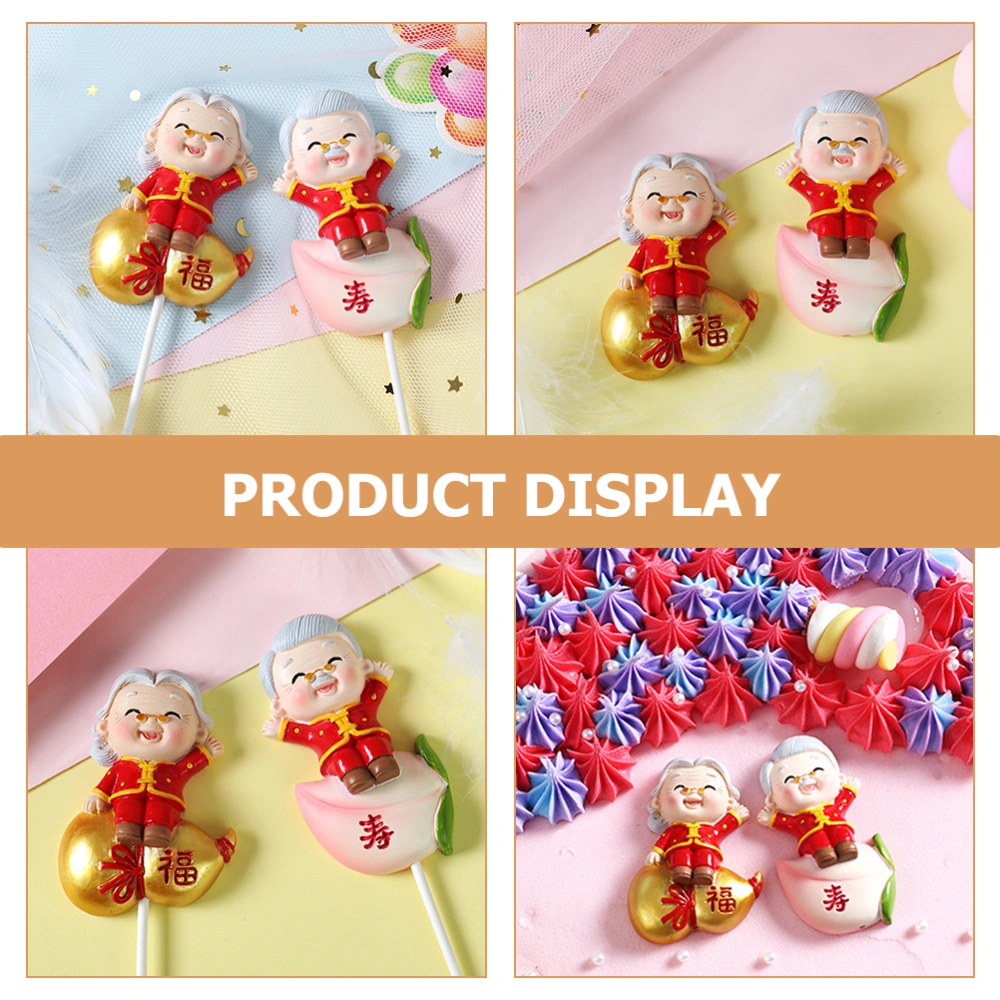 2pcs Creative Cake Topper Lovely Cake Insert Elderly Couple Cake Plugin Random Style