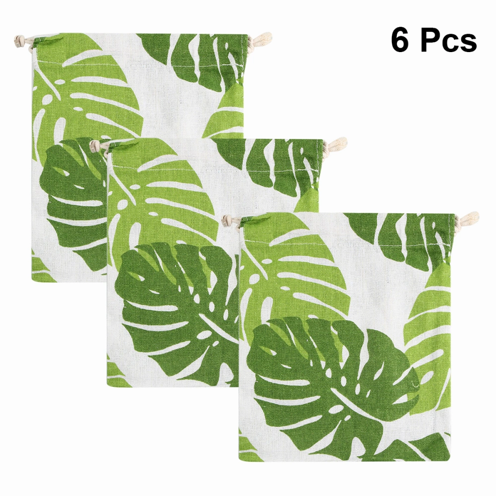 6pcs Monstera Pattern Gift Bag Cotton and Linen Fabric Drawstring Candy Bag Treat Bags Party Favor Storage Bag Party Supplies (Size M)