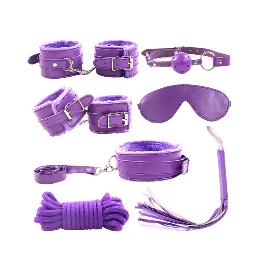 7pcs Leather Plush Sex Bondage Set Handcuffs Whip Eyemask Sex Restraining Toy (Purple)