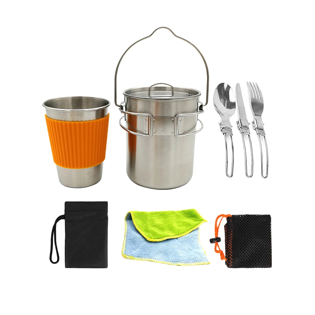 Outdoor Camping Hiking Picnic Cookware Set Portable 304 Stainless Steel Hanging Cup Foldable Cookware Cooking Equipment Set(Orange Cup Set)