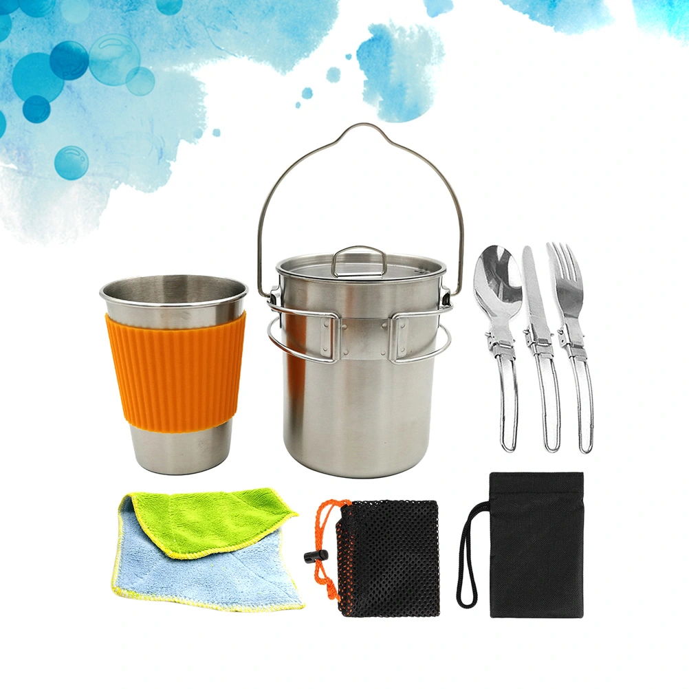 Outdoor Camping Hiking Picnic Cookware Set Portable 304 Stainless Steel Hanging Cup Foldable Cookware Cooking Equipment Set(Orange Cup Set)