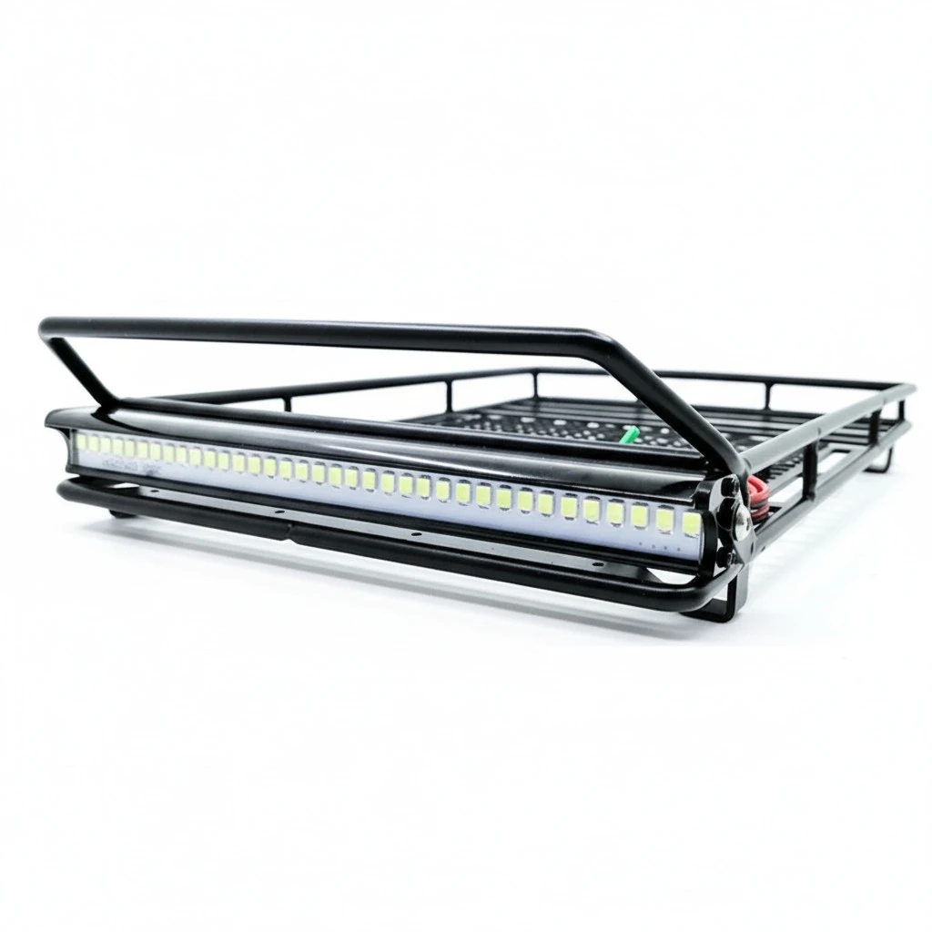 1Pc Car Luggage Carrier Car Roof Luggage Holder Rack Storage Shelf with Light Bar for 1:10 Crawler (Black)