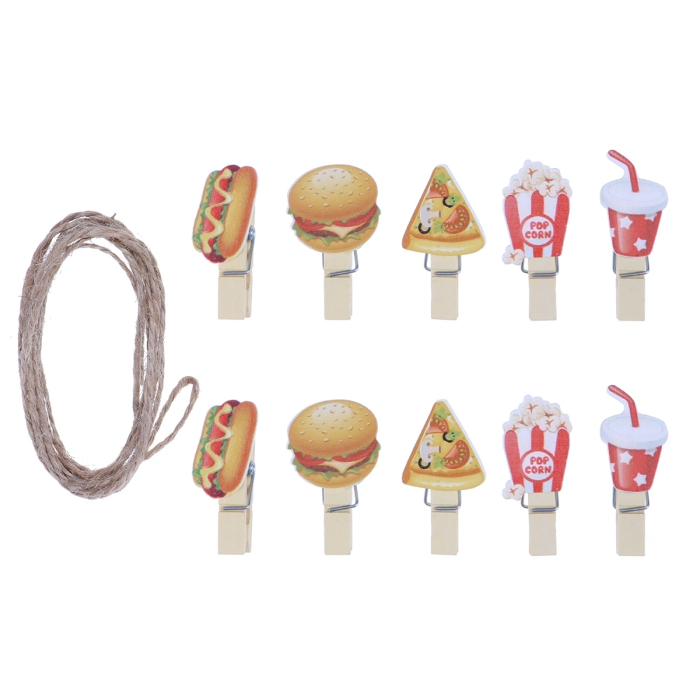 10PCS Wooden Clips Burger Popcorn Photo Clips Creative Household School Office Gift with Hemp Rope