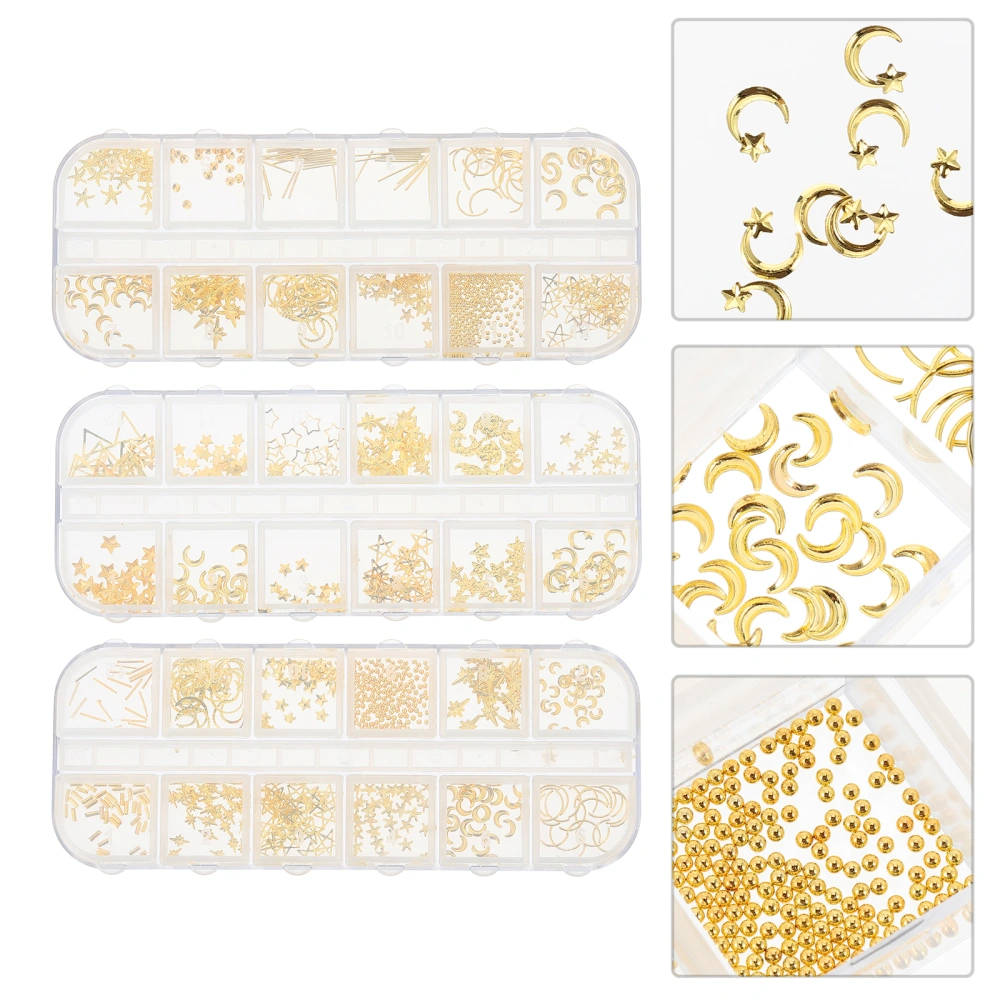 3 Boxes Manicure Decor Metal Nail Decor Nail Art Supplies for Decor (Golden)