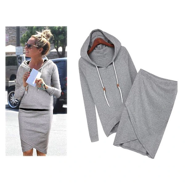 Fashion Spring Autumn Women's Cotton Casual Suit Long Sleeve Hoodie   Short Skirt - Size M (Light Grey)