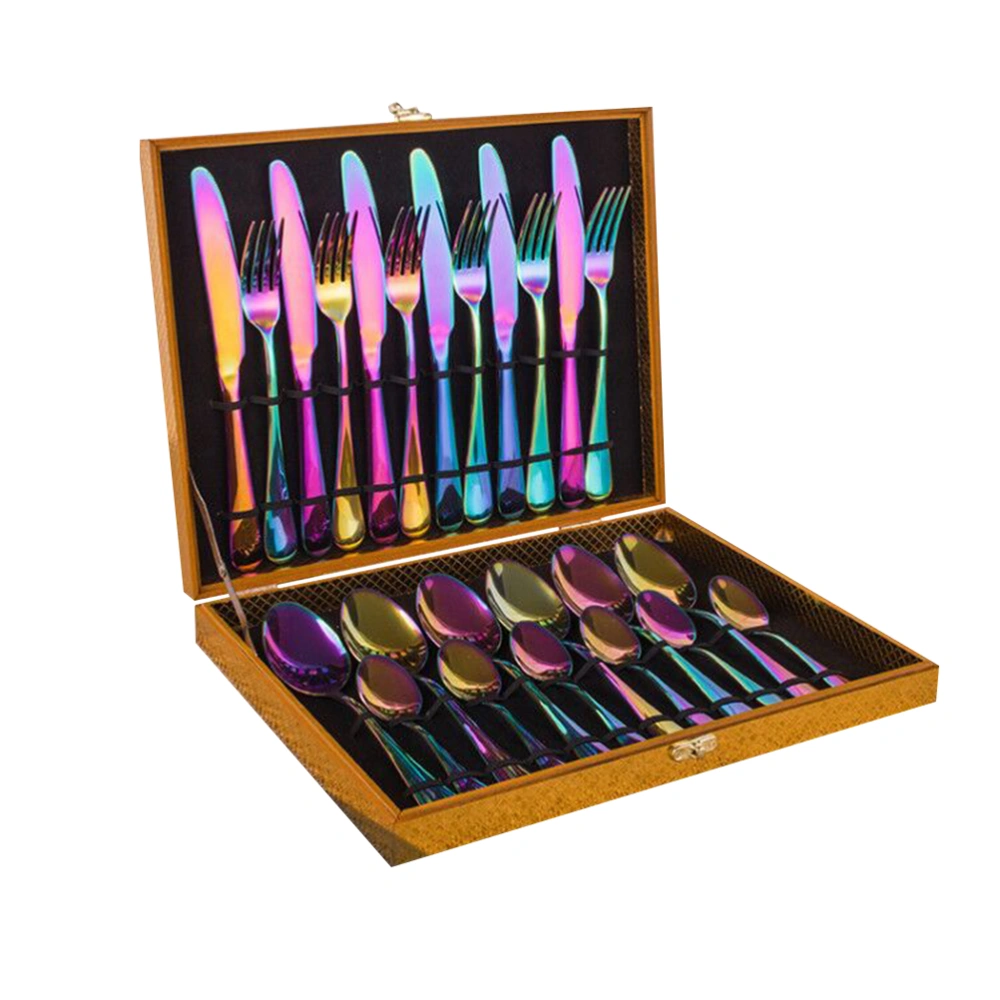 24 in 1 Stainless Steel Tableware Set Spoon Fork Cutlery Wooden Box Western Dinnerware Supplies (Colorful)