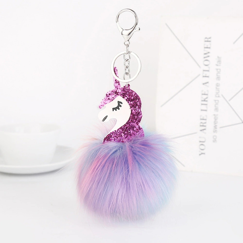 Glitter Unicorn Keychain Fur Ball Keyring Colorful Key Chain Charm Key Holder (Horse Head Rosy)