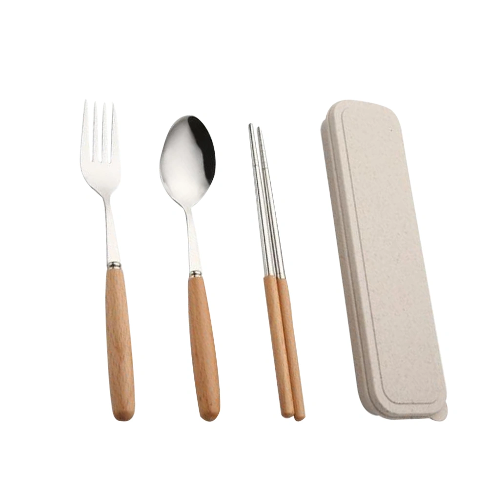 3pcs Stainless Steel Chopsticks Spoon Fork Set Wood Handle Portable Tableware with Case For Travel Home Camping (Chopsticks and Spoon and Fork)