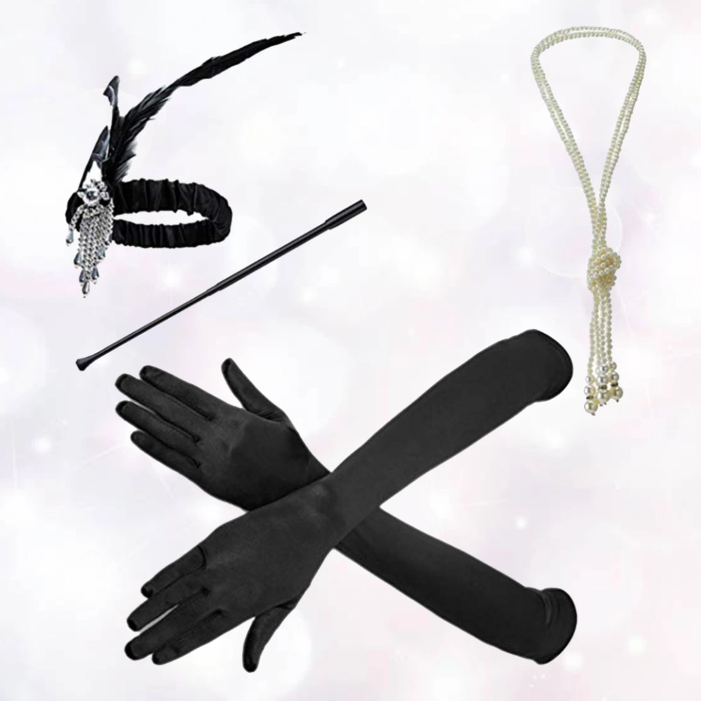 5pcs 1920s Charleston Flapper Girl Ball Feather Hair Black Gloves Necklace Smoke Rod Earrings for Girls Ladies Women Black