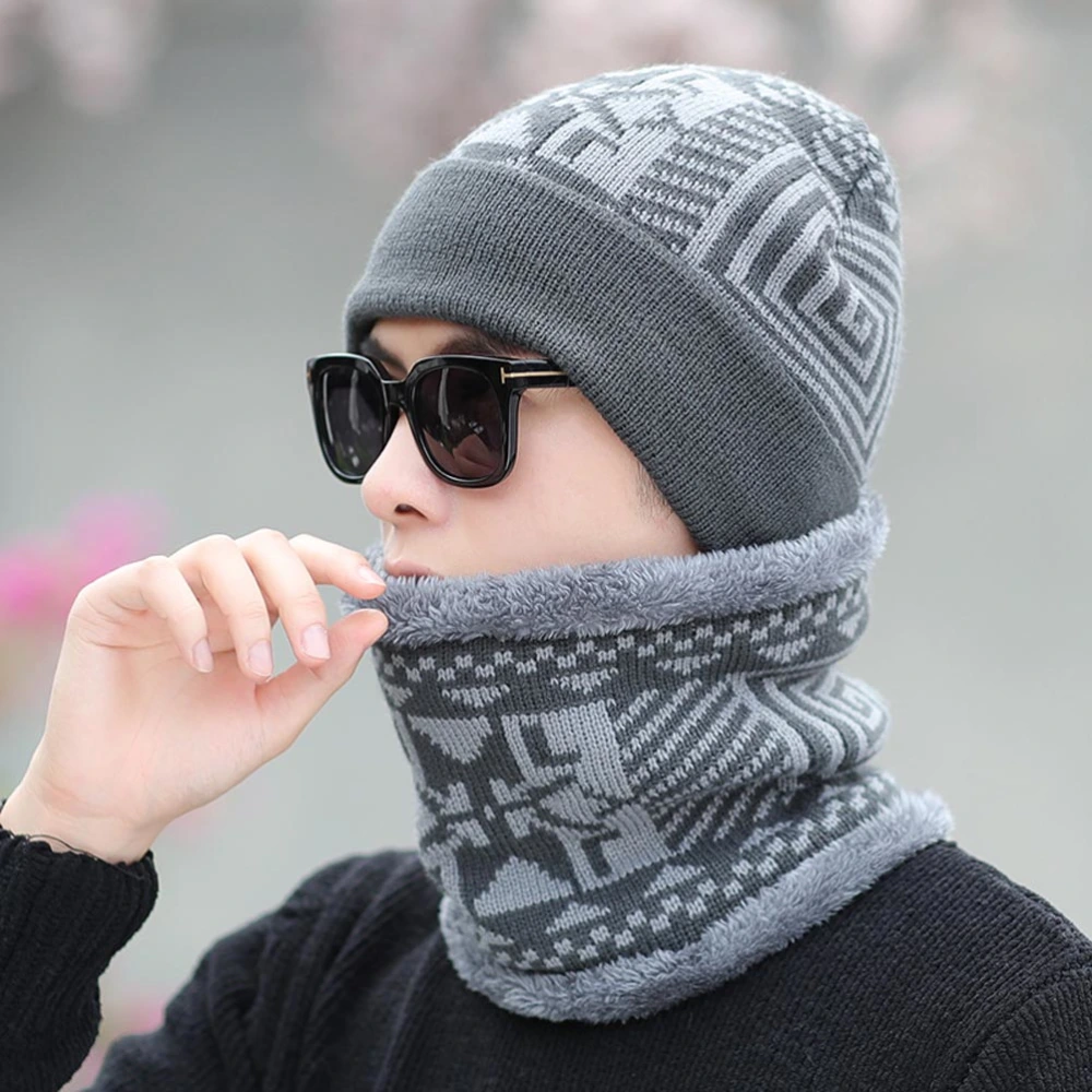 1PC Winter Men Headgear Warm Knitted Scarf Hat Two-piece Outdoor Wrap and Scarf Hat Set (Grey)