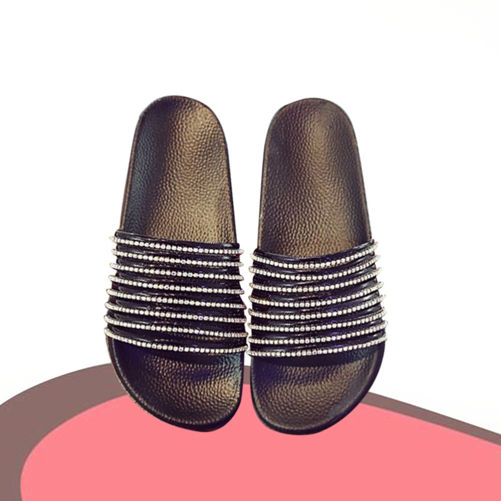 Diamond Stripe Bling Slippers Summer Women Slippers Beach Slides Flops Ladies Sandals Casual Shoes(Black 40)