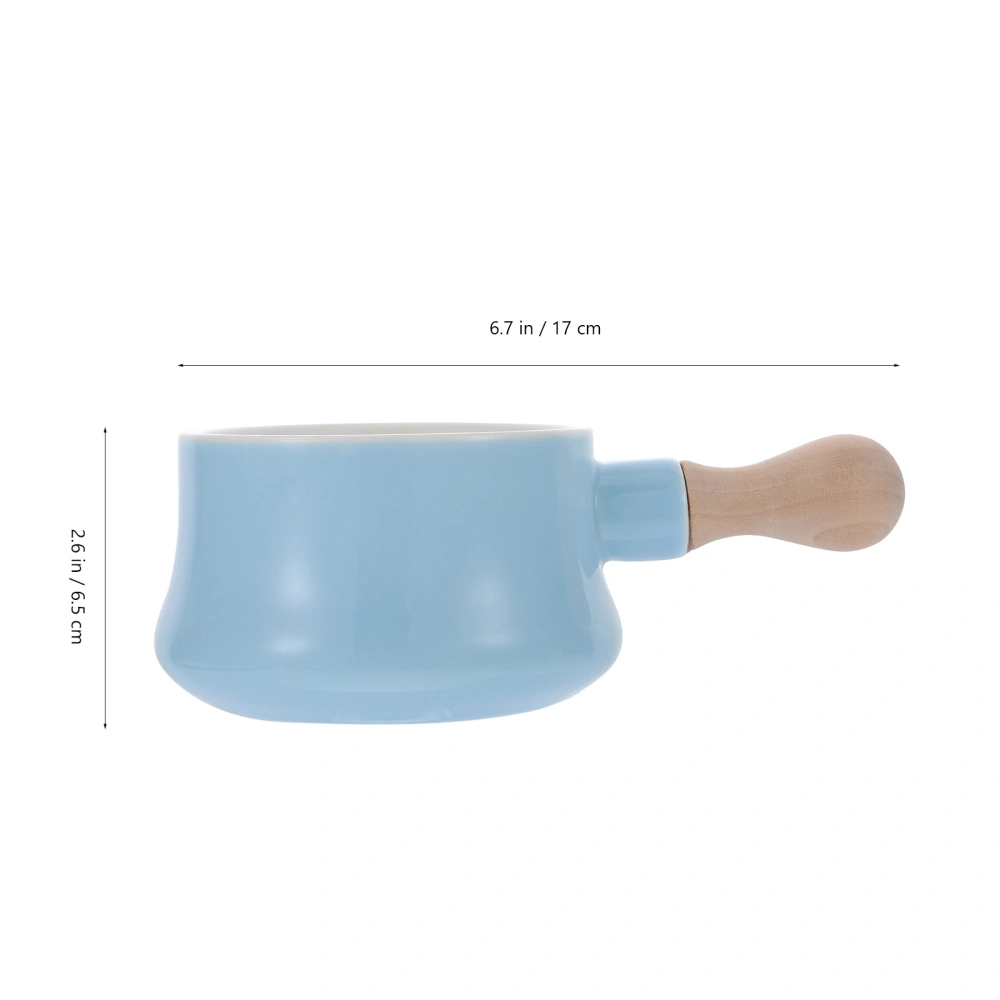 Fashion Porcelain Soup Milk Dessert Bowl Noodle Bowl Wood Handle Ceramic Breakfast Bowl for Home (Blue, About 380ML)