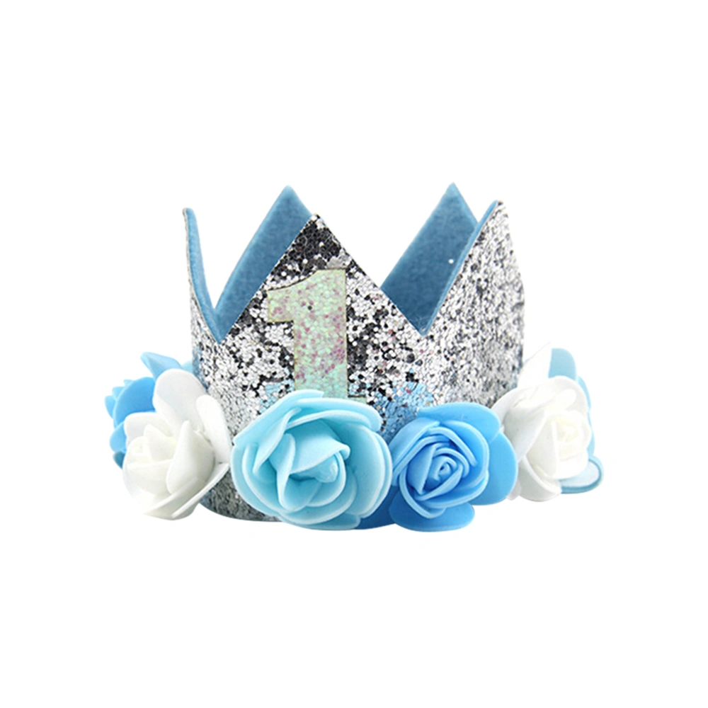 Little Baby First Birthday Hat Hairband Flower Tiara Party Crown Headband Party Hat Hairband (Blue)