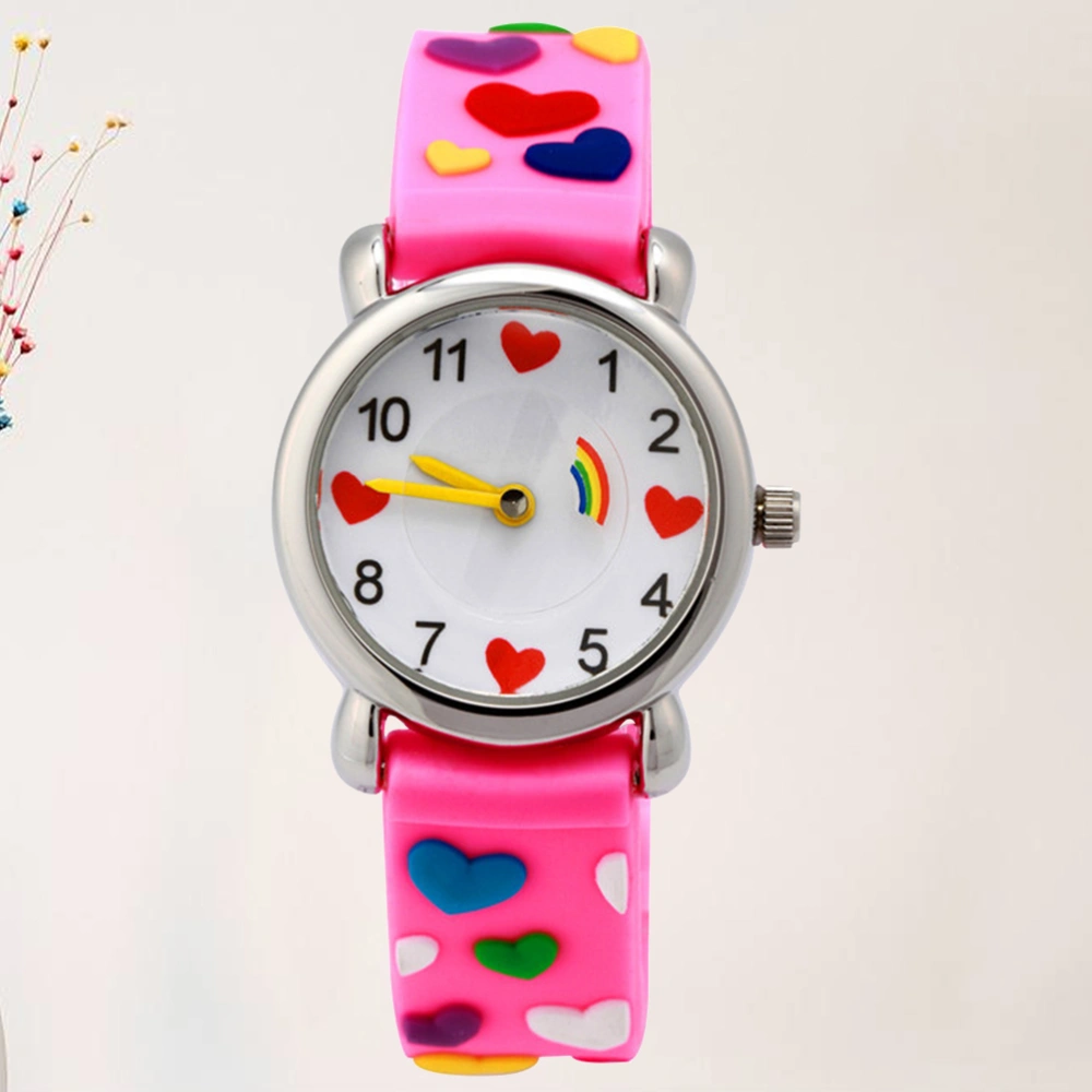 1Pc 3D Kids Cartoon Watch Delicate Love Heart Pattern Strap Wristwatch Eco-friendly Pupils Watch (Pink)