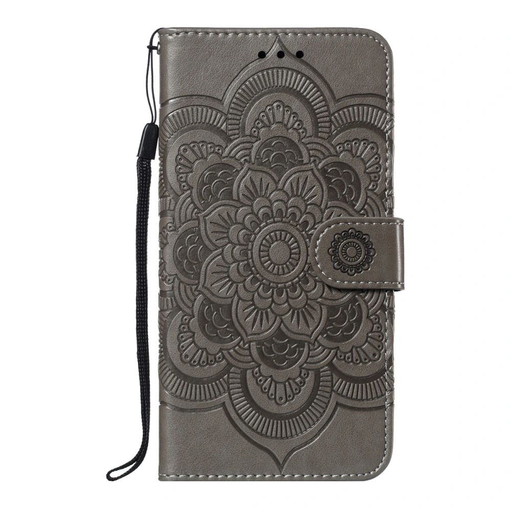 PU Leather Sun and Mandala Embossed Wallet Case Exquisite Workmanship Folio Phone Case Cover with Kickstand Slots and Note Pockets Wrist Strap for Galaxy A6 2018 (Grey)