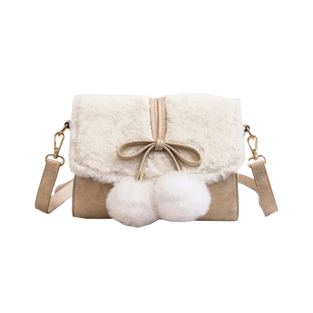 Plush Shoulder Bag Bowknot Decor Crossbody Bag Chic Satchel for Girls Women Students (White)